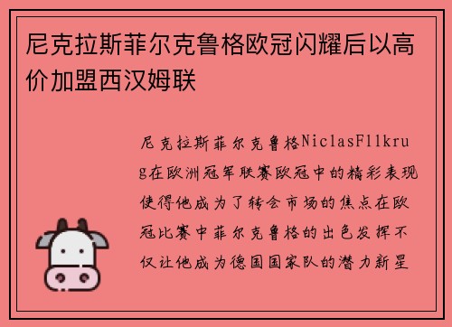 尼克拉斯菲尔克鲁格欧冠闪耀后以高价加盟西汉姆联